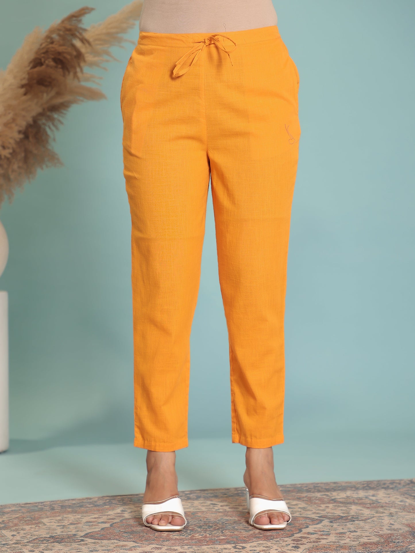 Natural Cotton Solid Yellow Tapered Trousers
