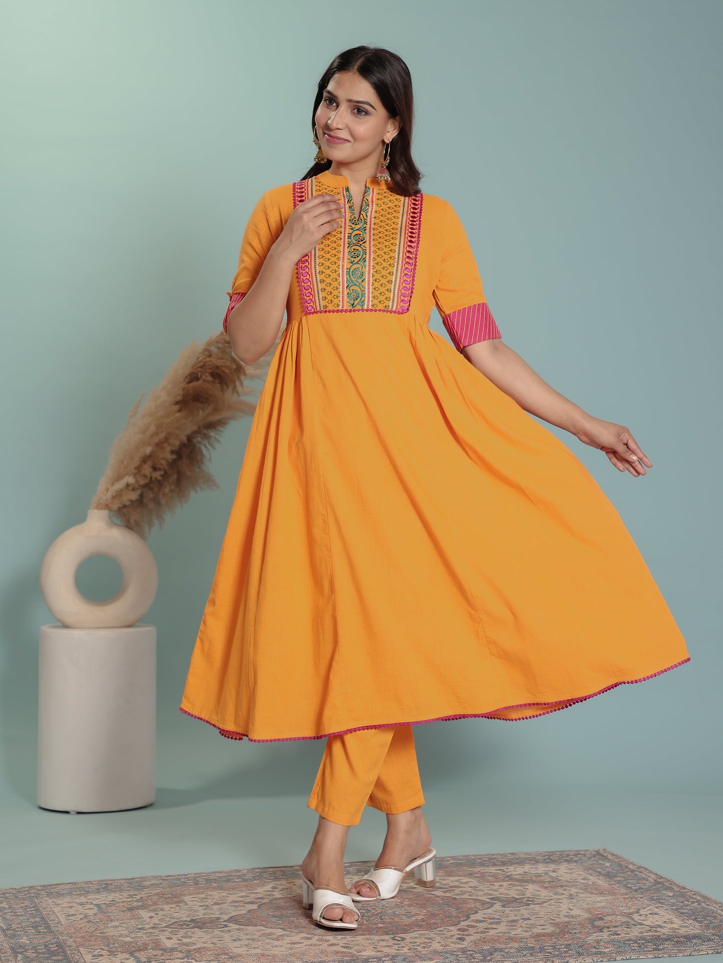 Natural Cotton Solid Panelled Yellow Kurta