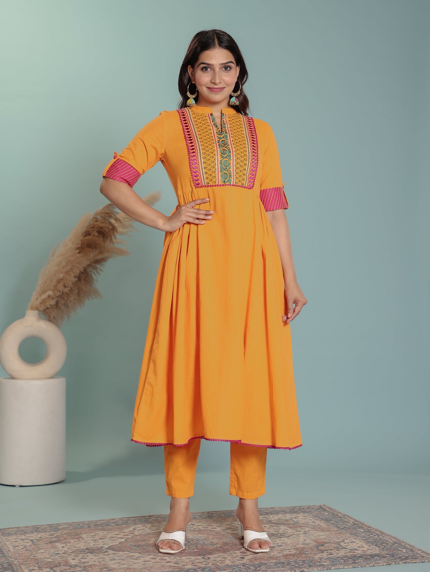 Natural Cotton Solid Panelled Yellow Kurta