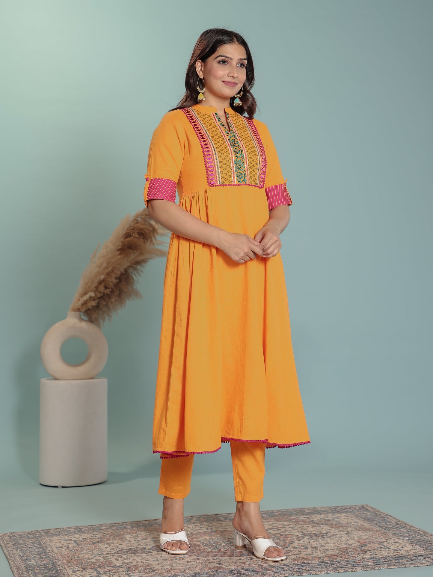 Natural Cotton Solid Panelled Yellow Kurta