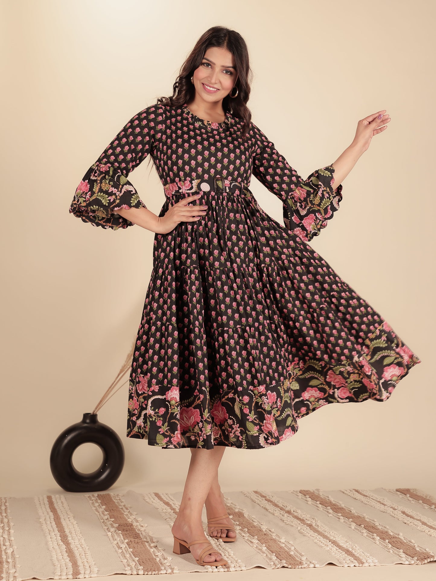 Soft Cotton Floral Anarkali Black Dress (With Belt)
