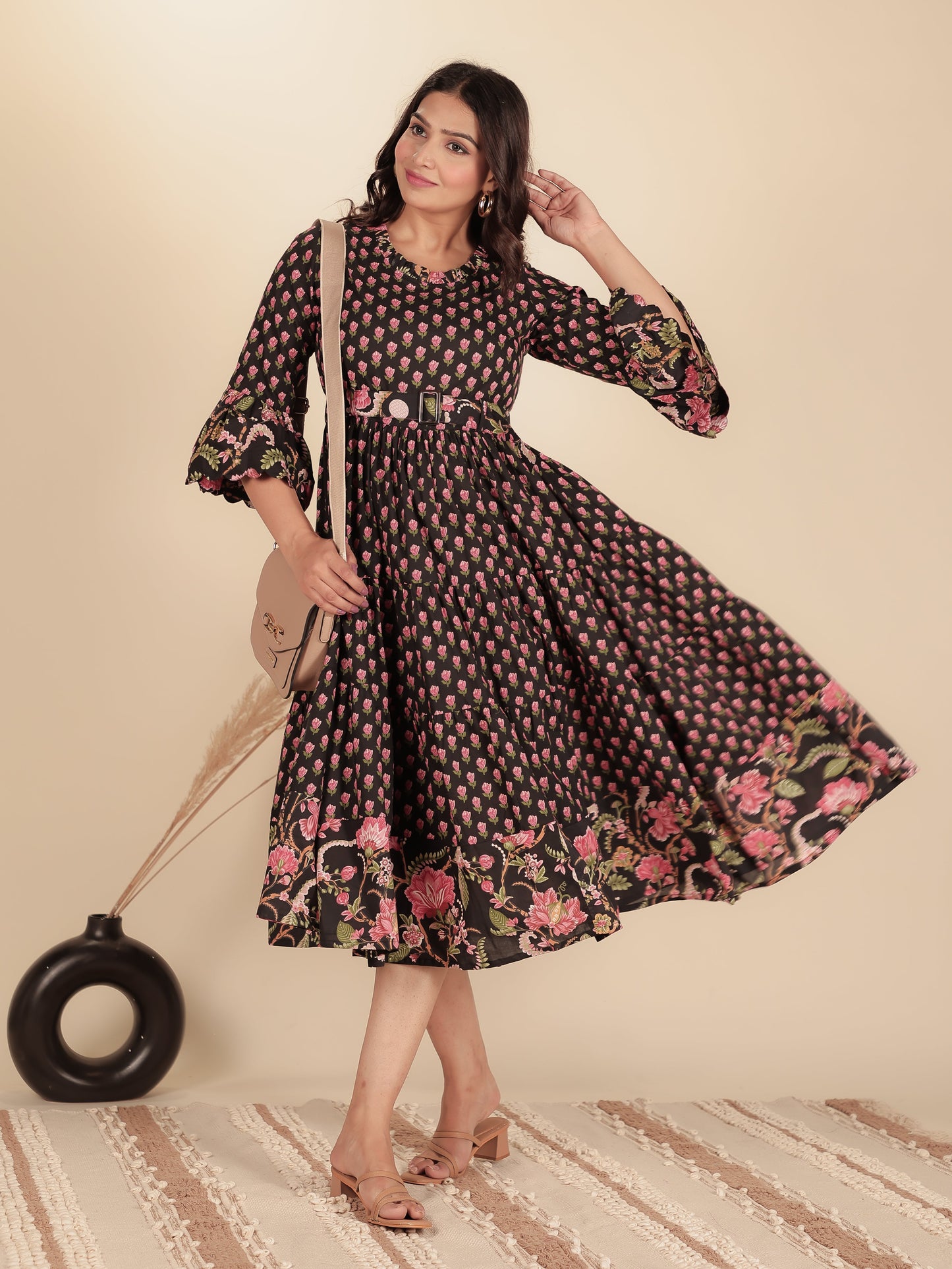 Soft Cotton Floral Anarkali Black Dress (With Belt)