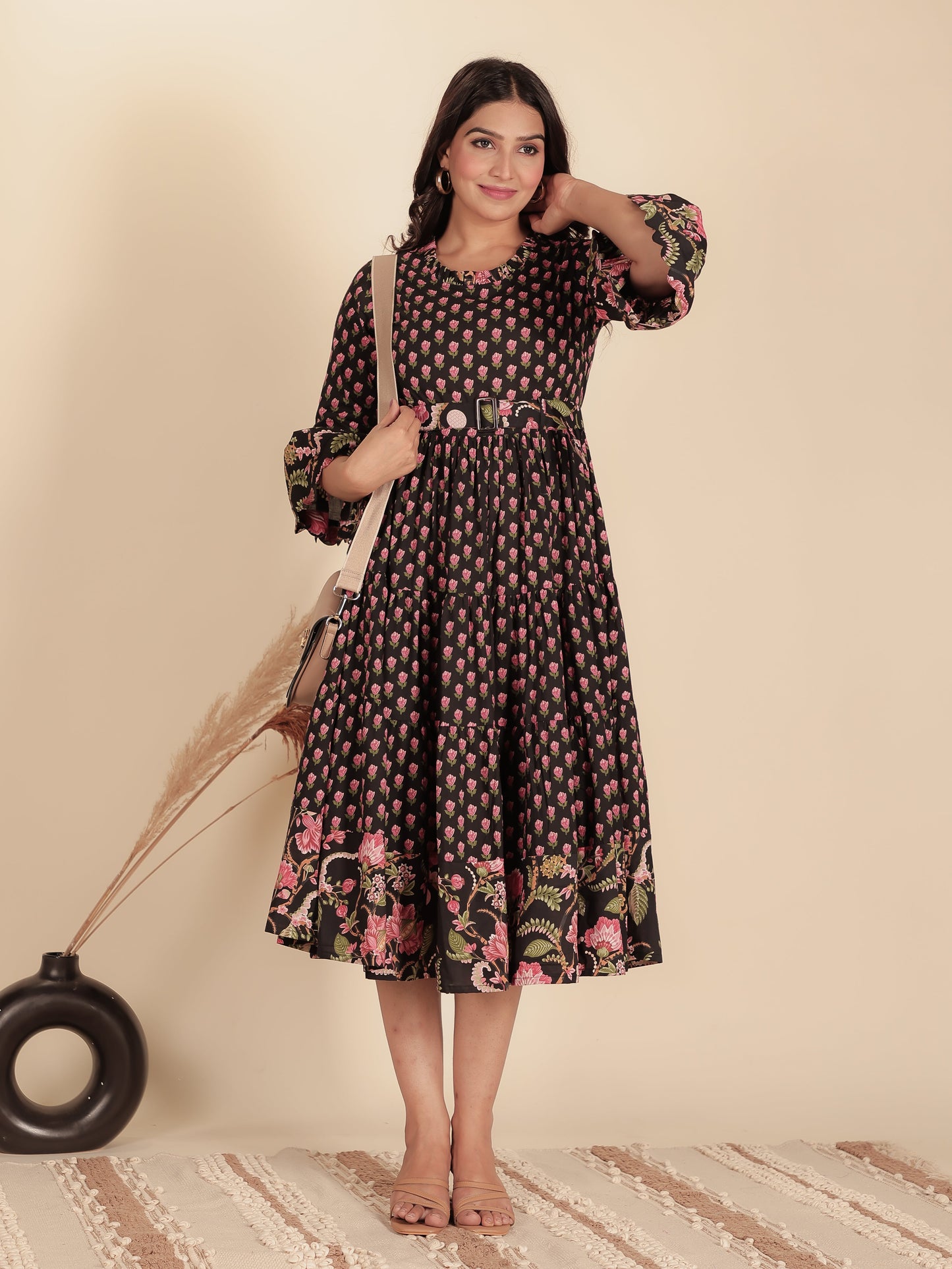 Soft Cotton Floral Anarkali Black Dress (With Belt)