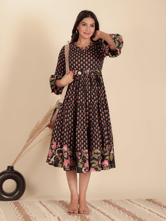 Soft Cotton Floral Anarkali Black Dress (With Belt)