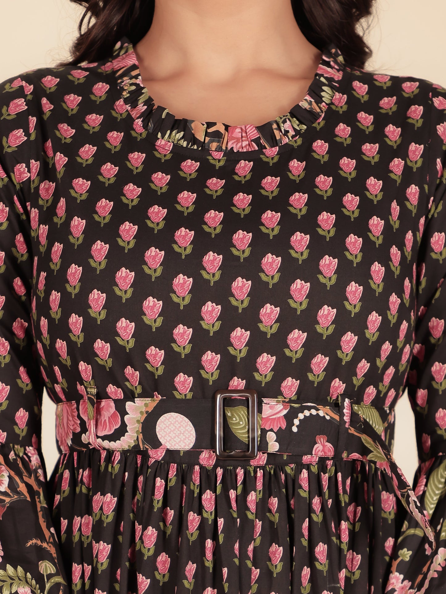 Soft Cotton Floral Anarkali Black Dress (With Belt)