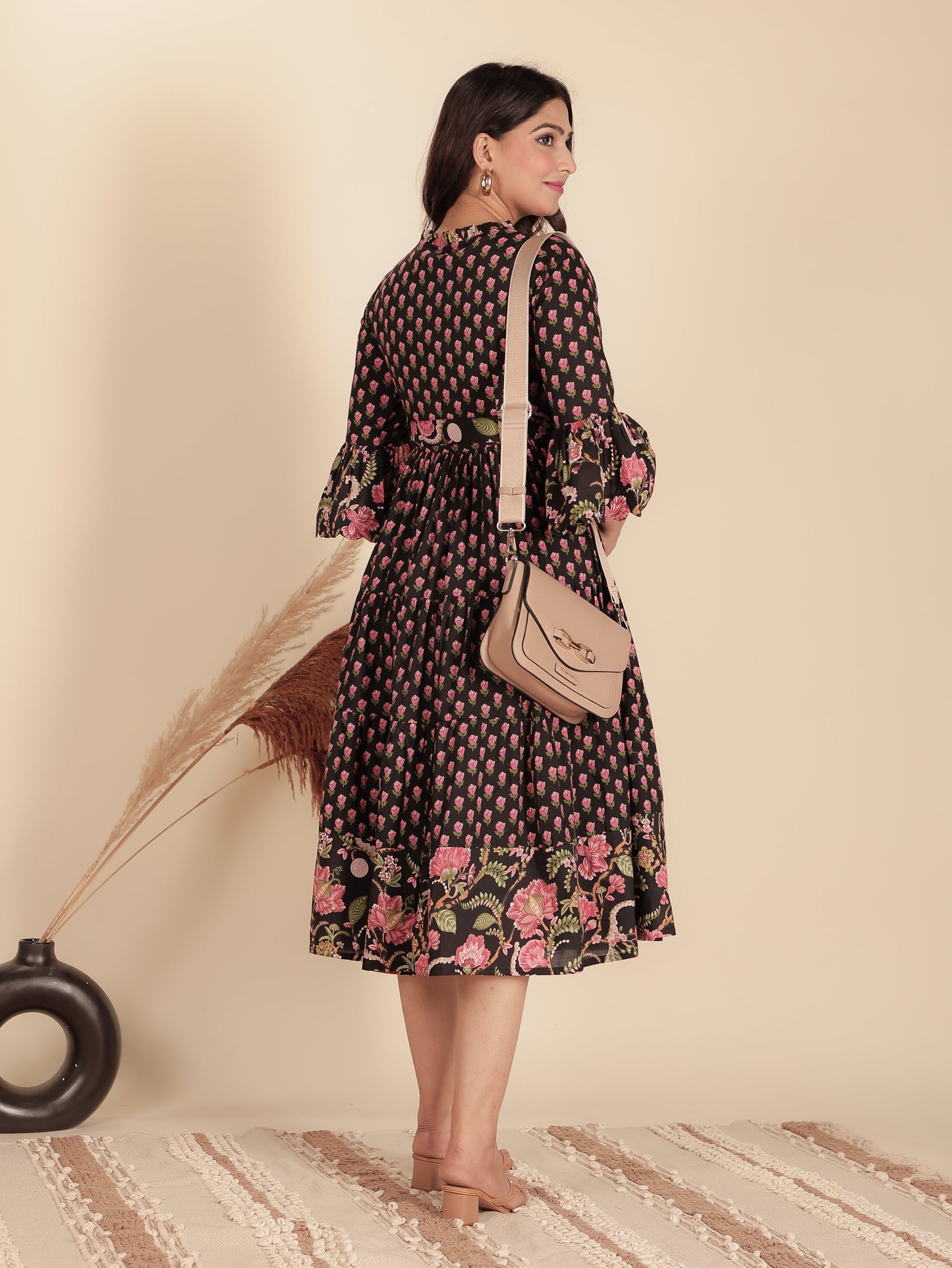 Soft Cotton Floral Anarkali Black Dress (With Belt)