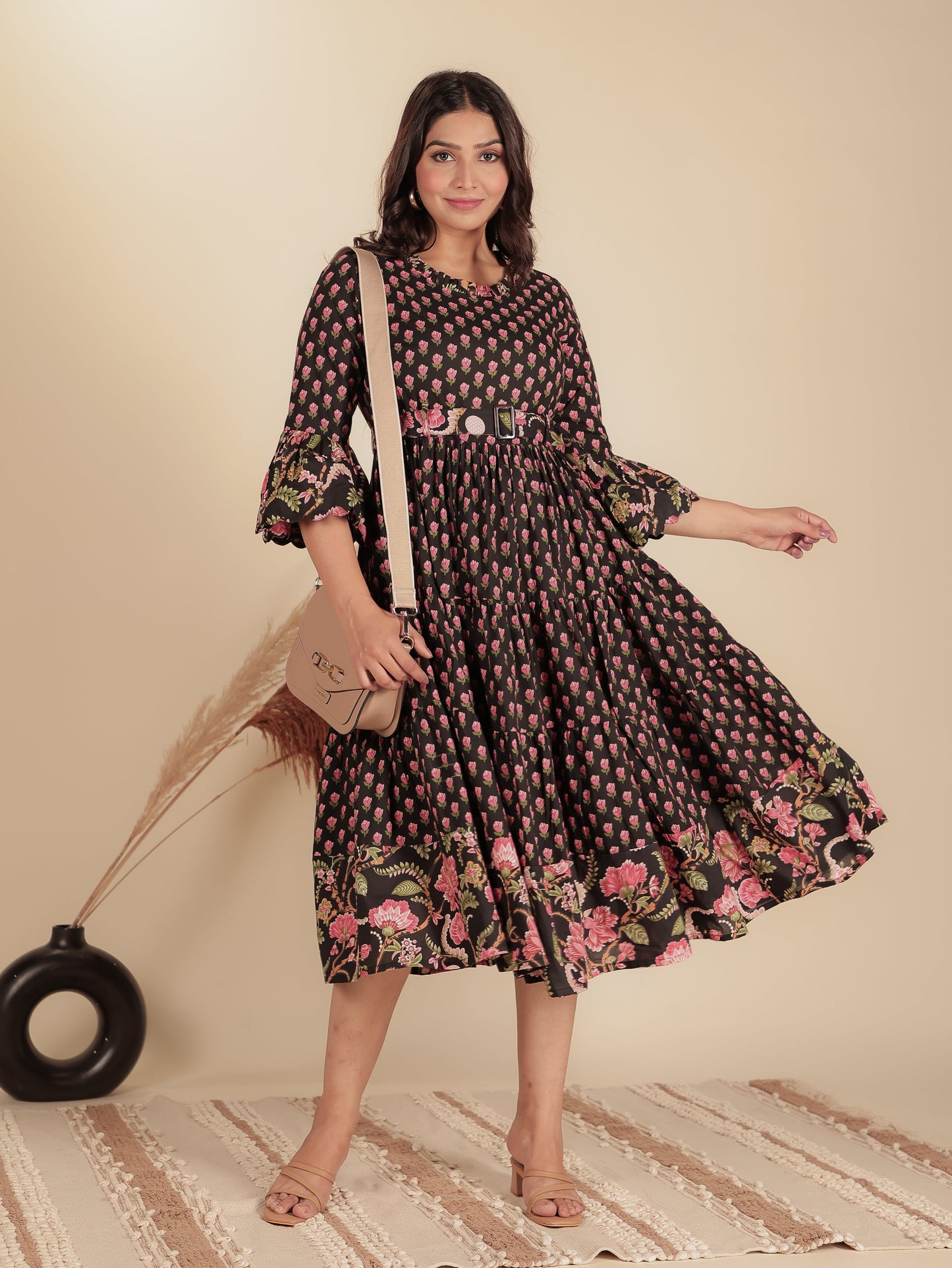 Soft Cotton Floral Anarkali Black Dress (With Belt)