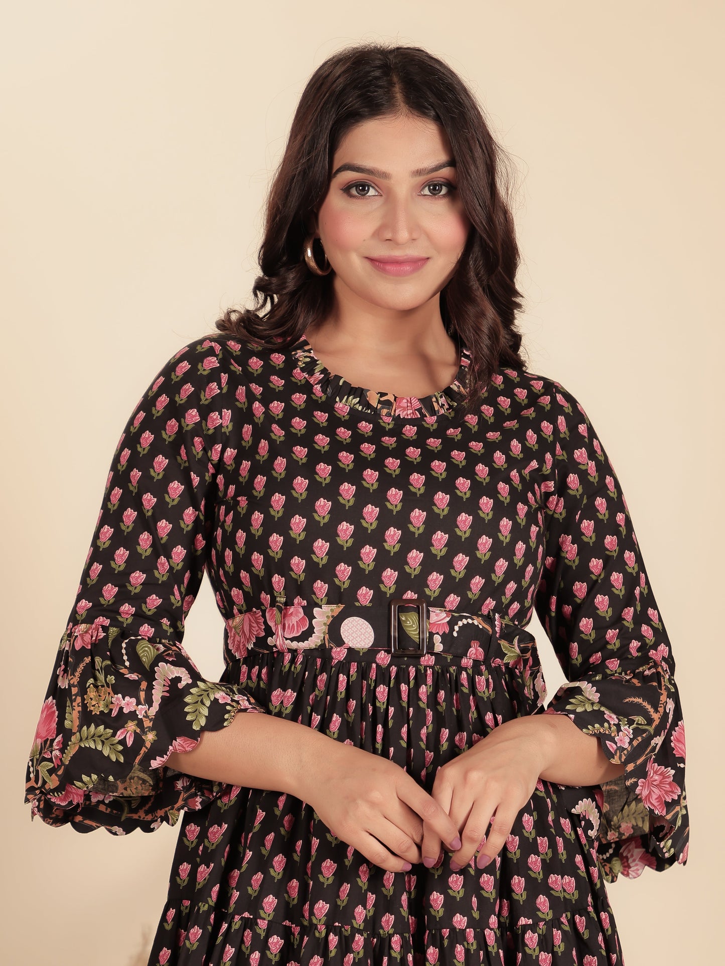 Soft Cotton Floral Anarkali Black Dress (With Belt)