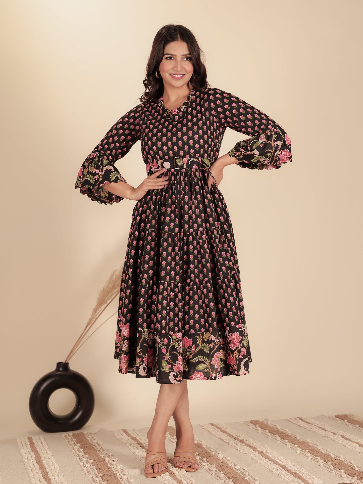 Soft Cotton Floral Anarkali Black Dress (With Belt)