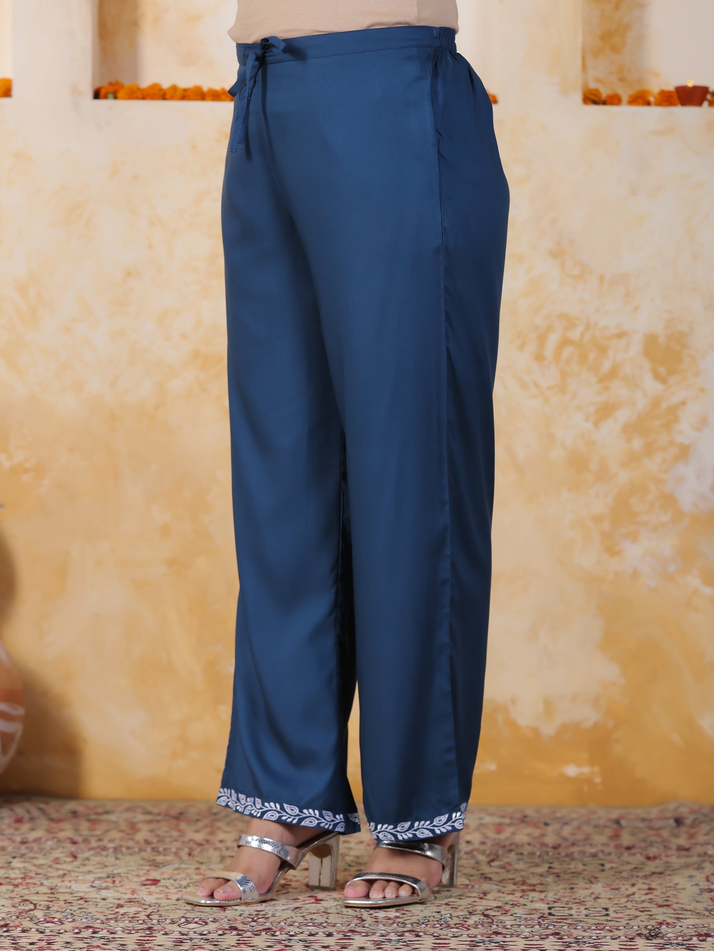 Embroidered Soft Cotton Solid Blue Palazzo
