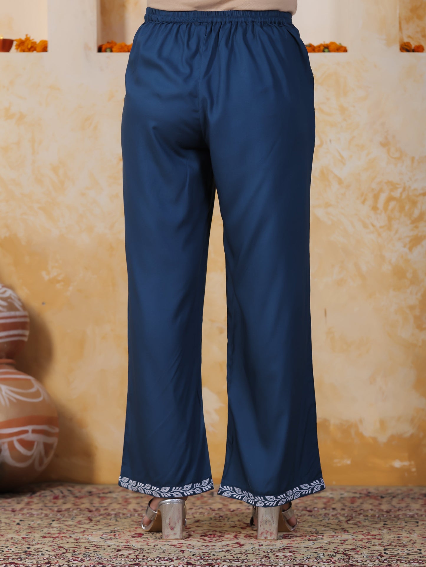 Embroidered Soft Cotton Solid Blue Palazzo