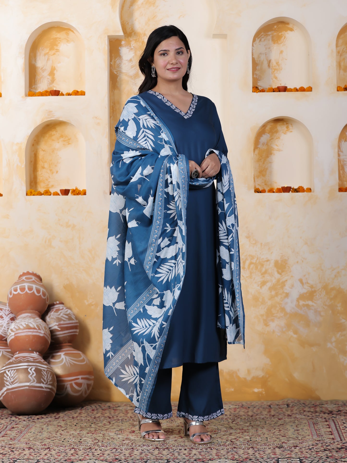 Cotton Voile Floral Blue Dupatta
