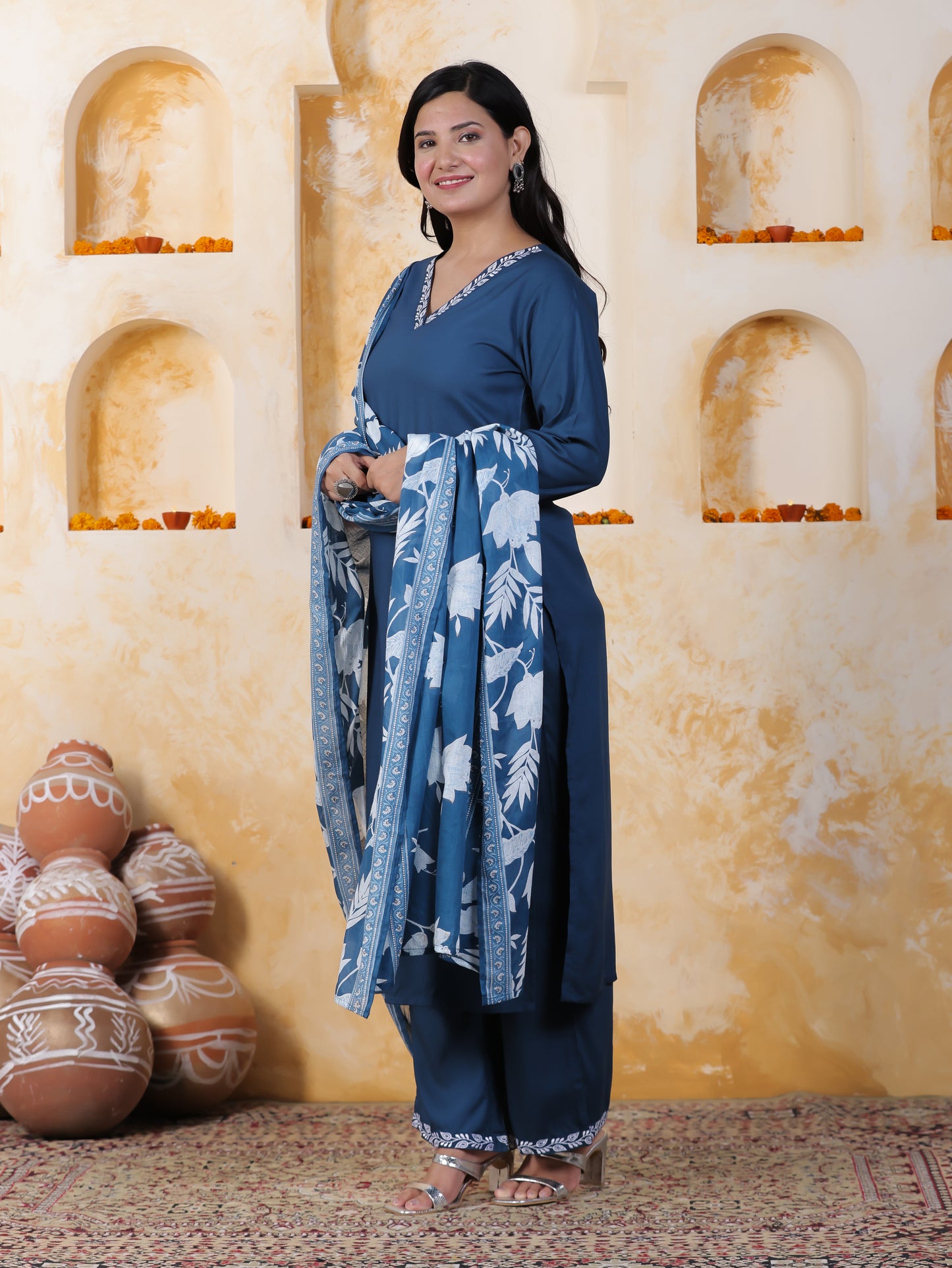 Cotton Voile Floral Blue Dupatta