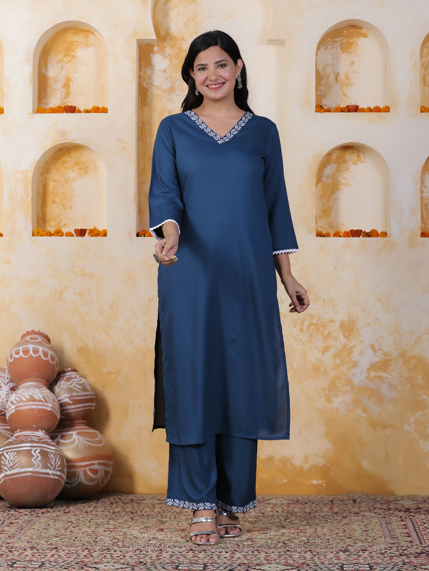 Embroidered Soft Cotton Solid Straight Blue Kurta