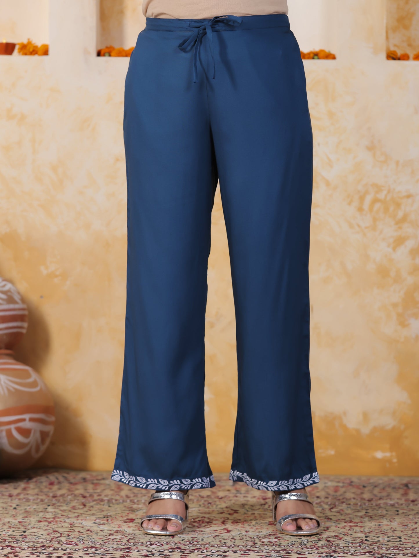 Embroidered Soft Cotton Solid Straight Blue Kurta