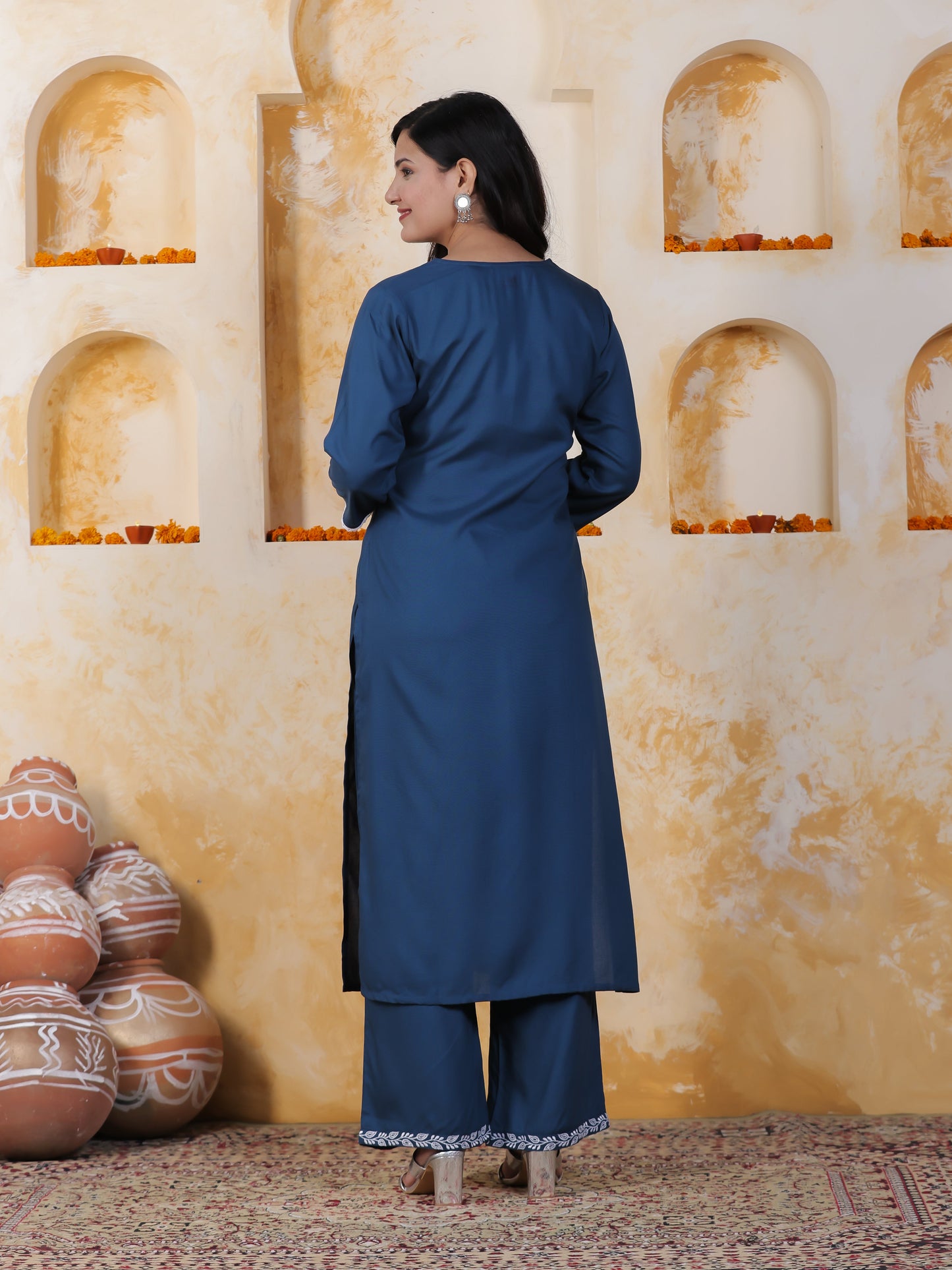 Embroidered Soft Cotton Solid Straight Blue Kurta