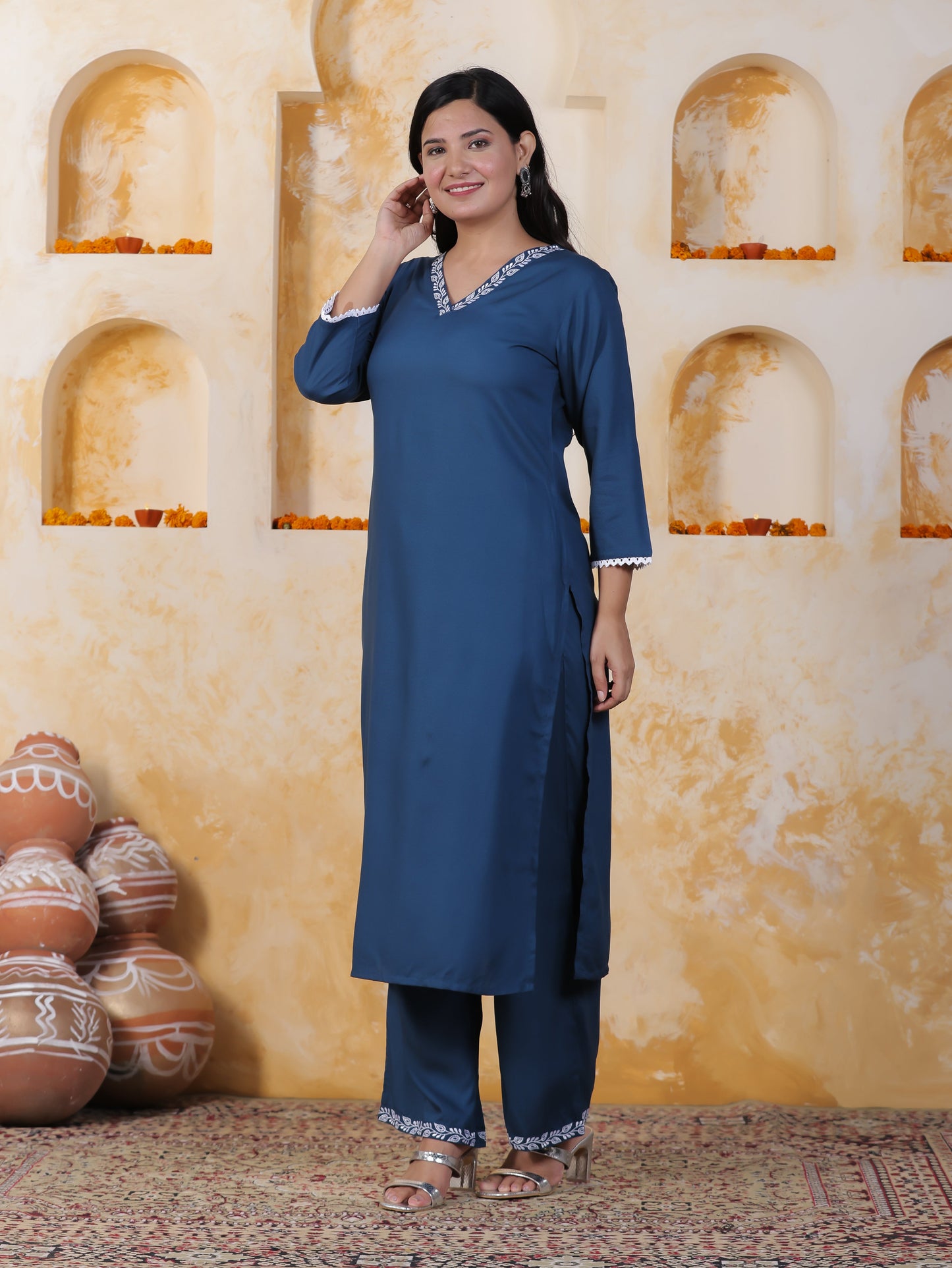 Embroidered Soft Cotton Solid Straight Blue Kurta