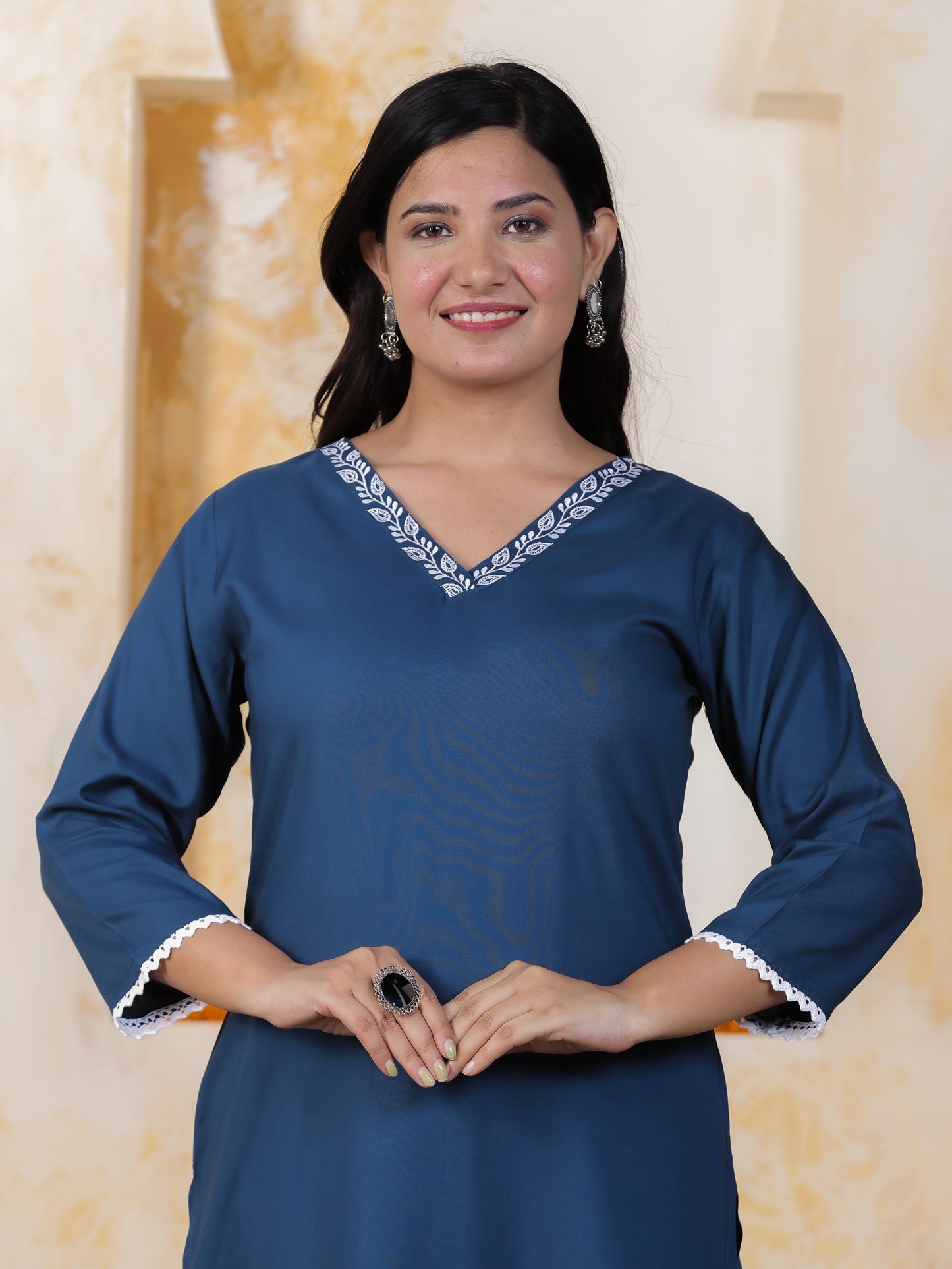 Embroidered Soft Cotton Solid Straight Blue Kurta