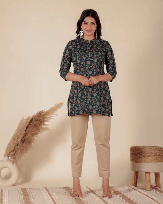 Soft Cotton Floral Straight Blue Kurta