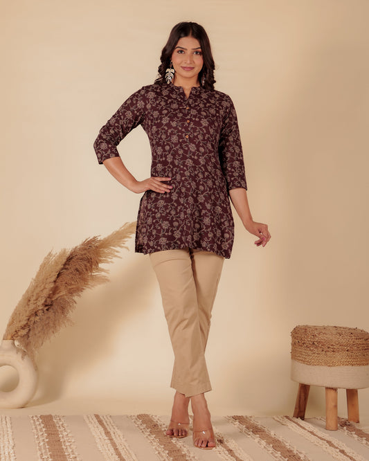 Soft Cotton Floral Straight Maroon Kurti