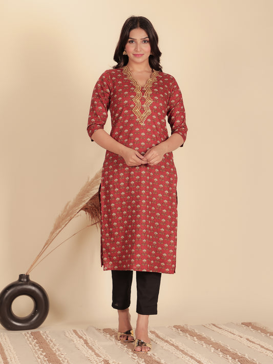 Soft Cotton Floral Straight Maroon Kurta