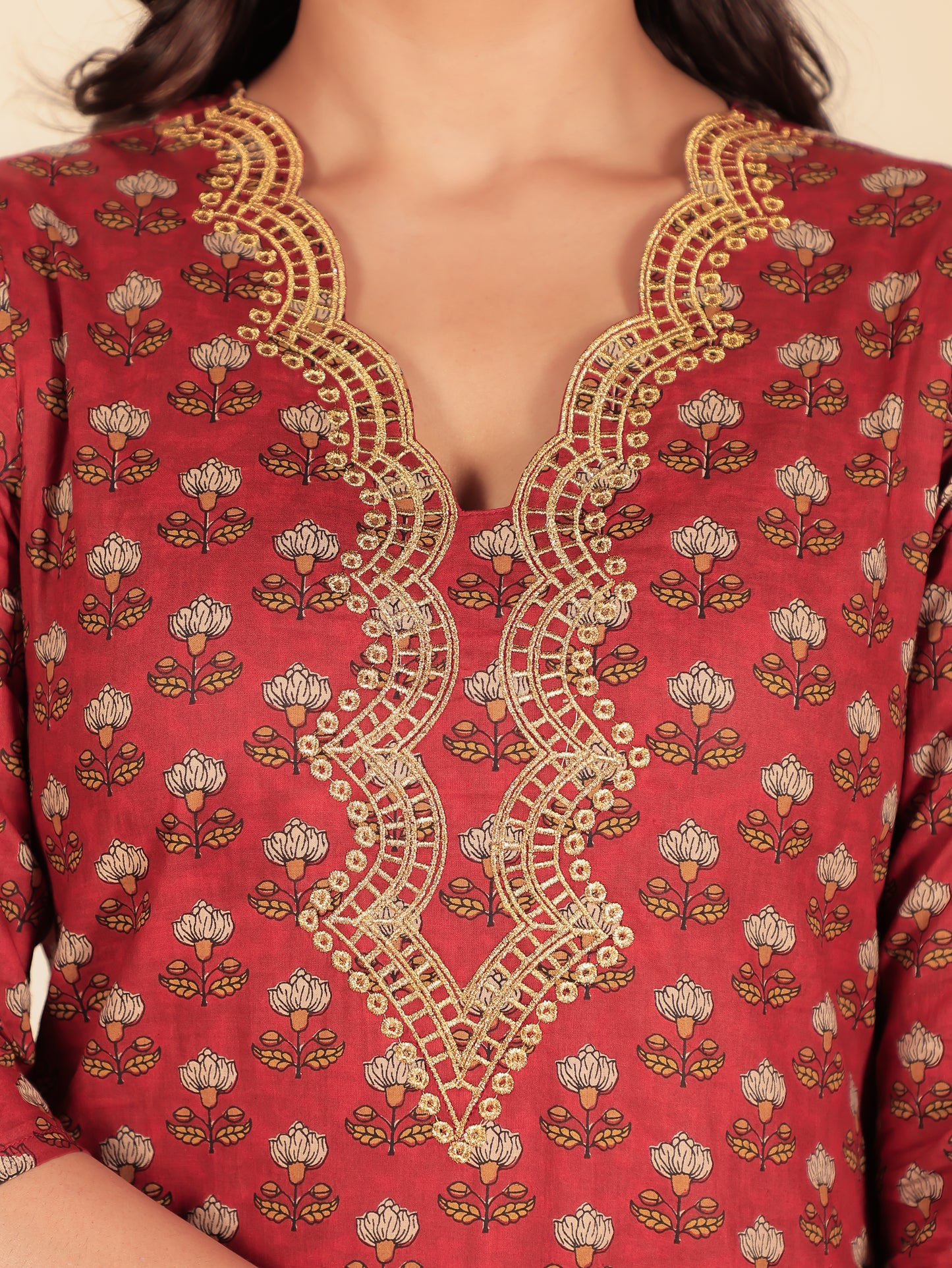 Soft Cotton Floral Straight Maroon Kurta