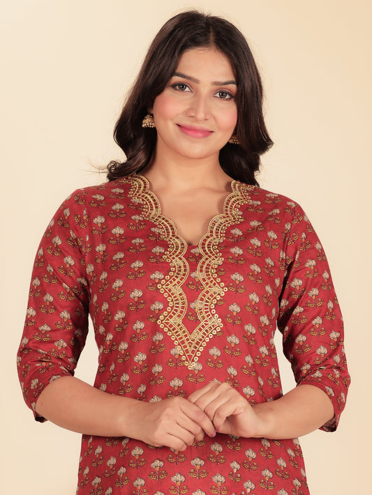 Soft Cotton Floral Straight Maroon Kurta