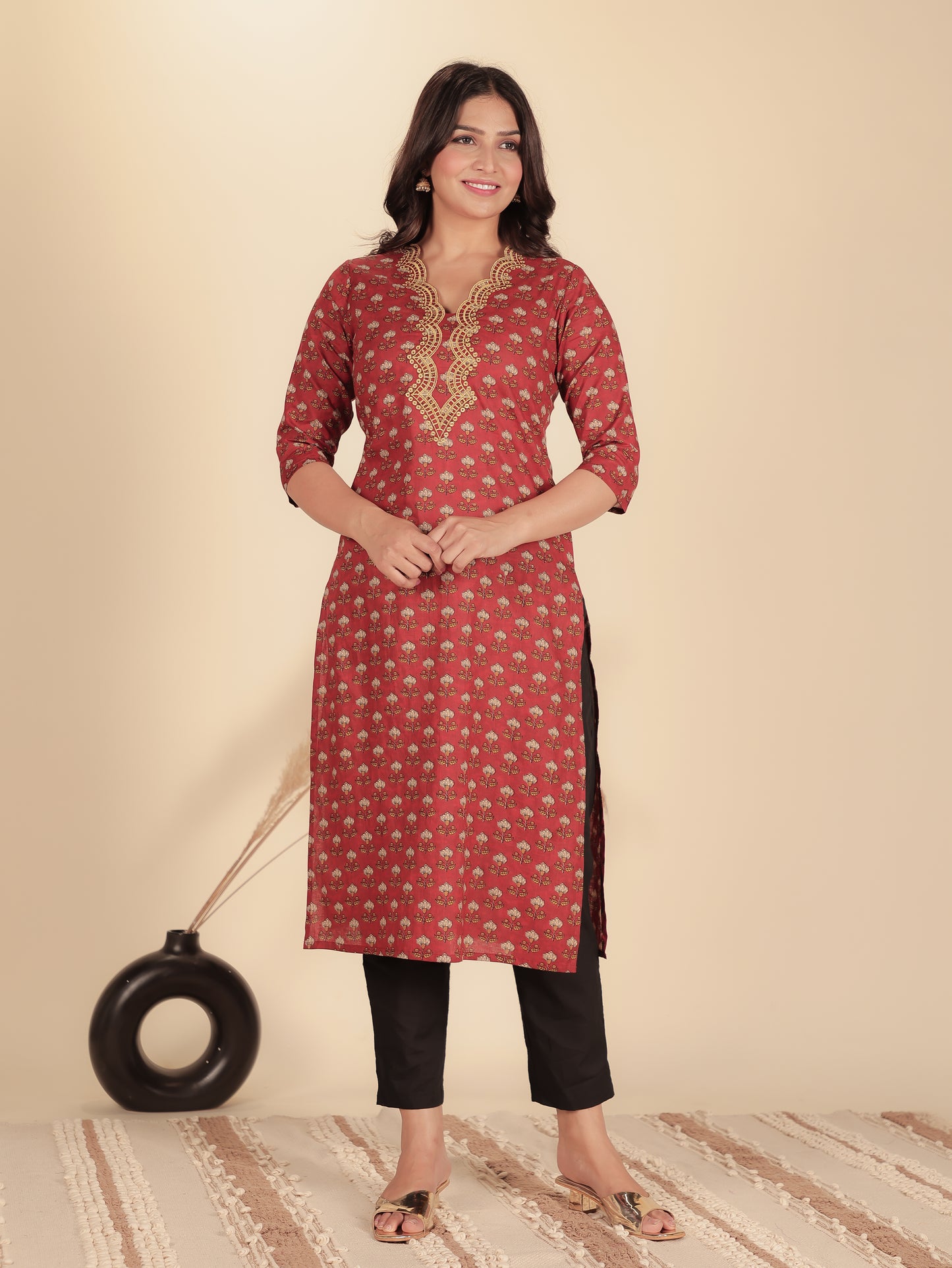 Soft Cotton Floral Straight Maroon Kurta