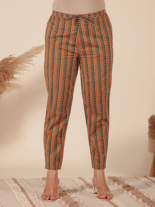 Soft Cotton Tribal Green Tapered Trousers