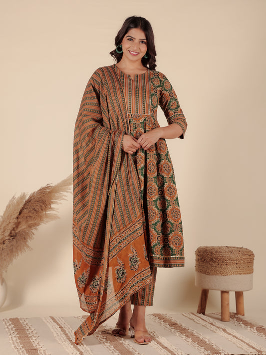 Soft Cotton Geometric Anarkali Green Kurta