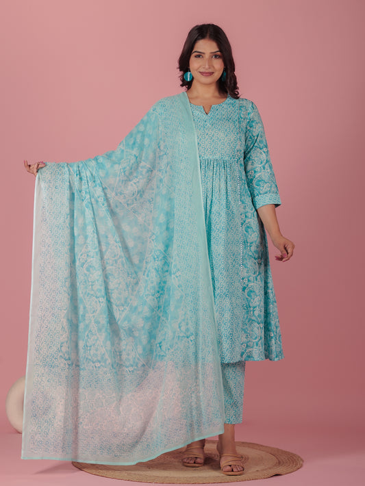 Soft Cotton Paisley Panelled Blue Kurta