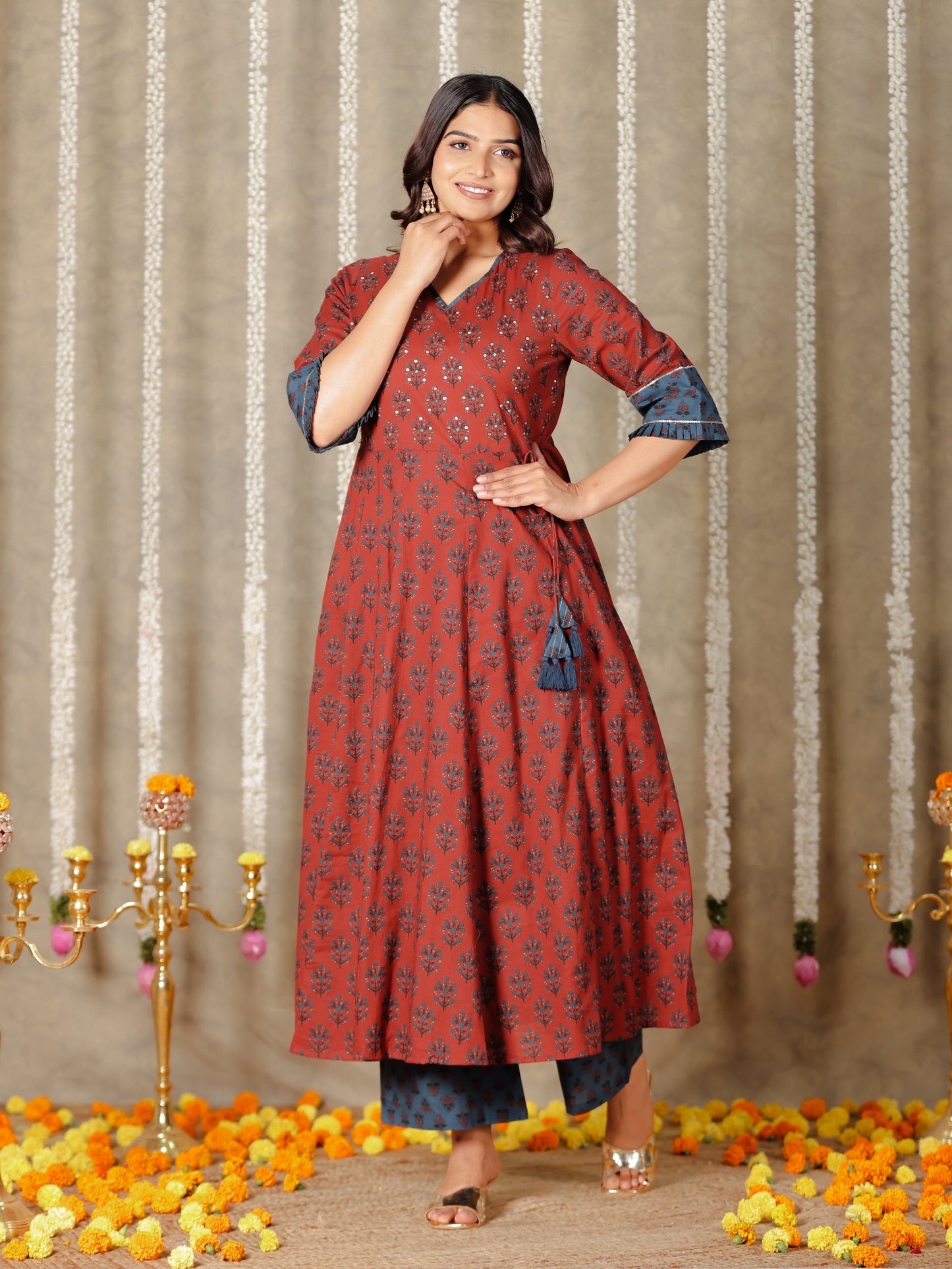 Embroidered Soft Cotton Block Red Kurta