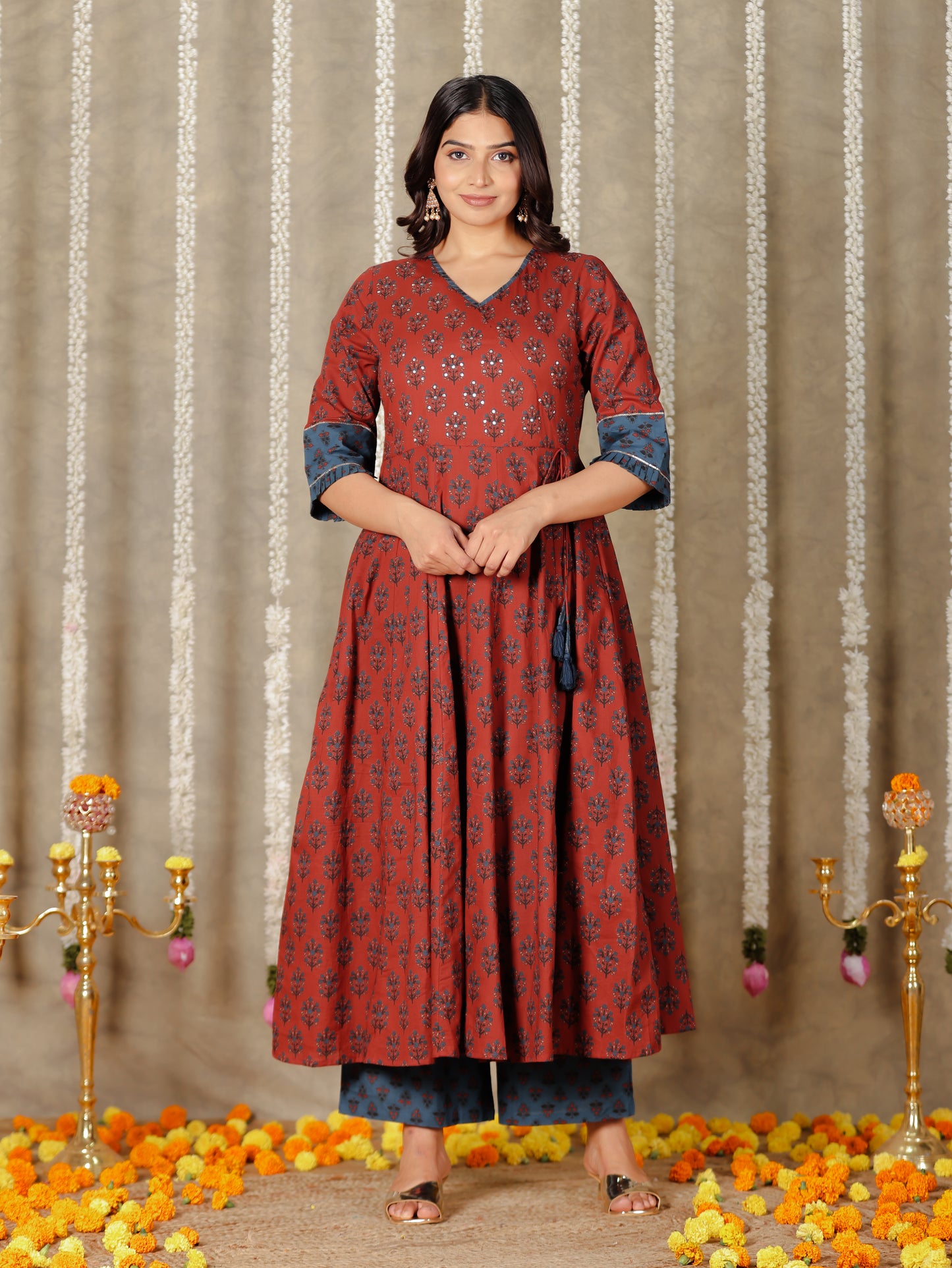 Embroidered Soft Cotton Block Red Kurta