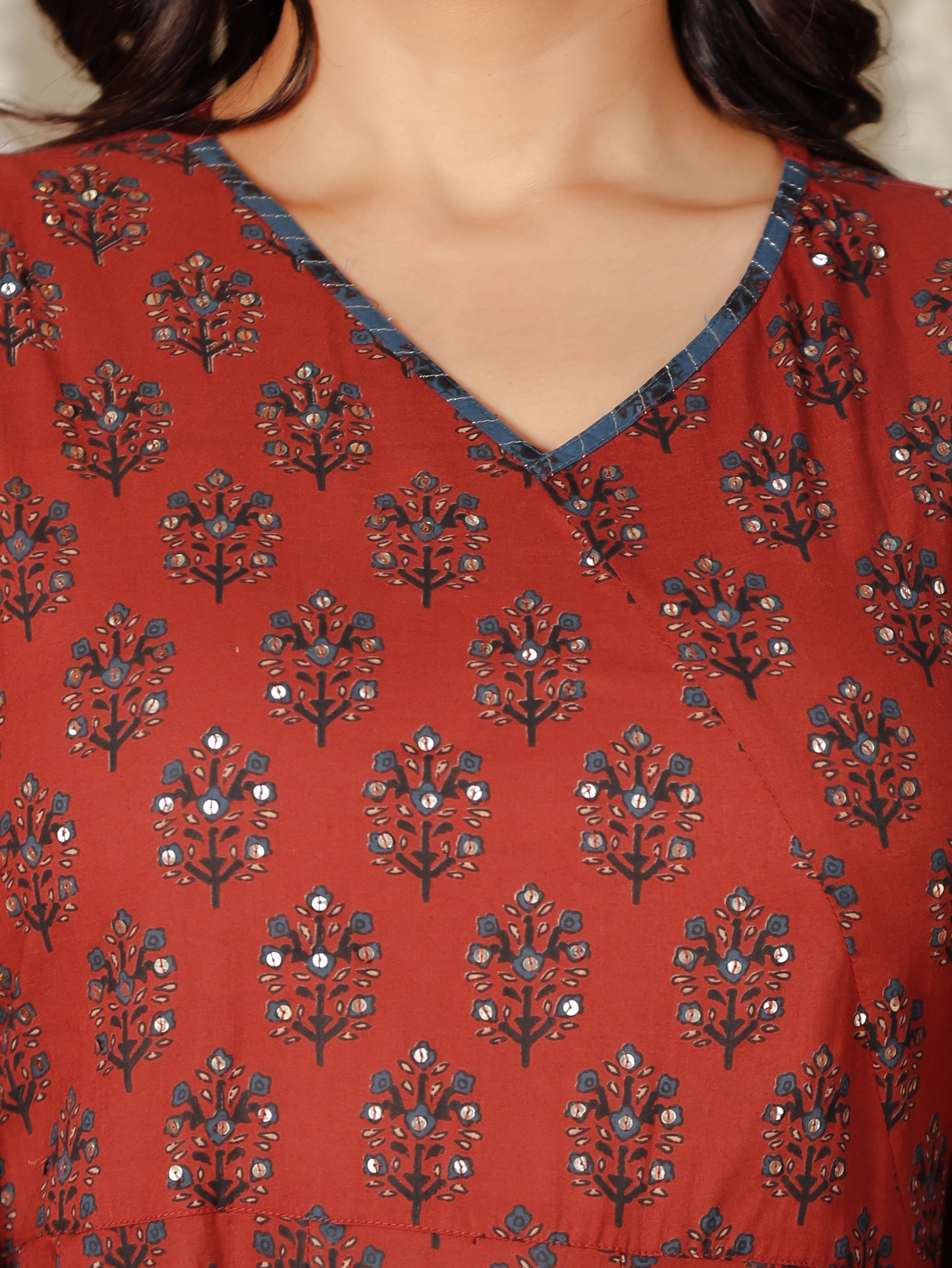 Embroidered Soft Cotton Block Red Kurta
