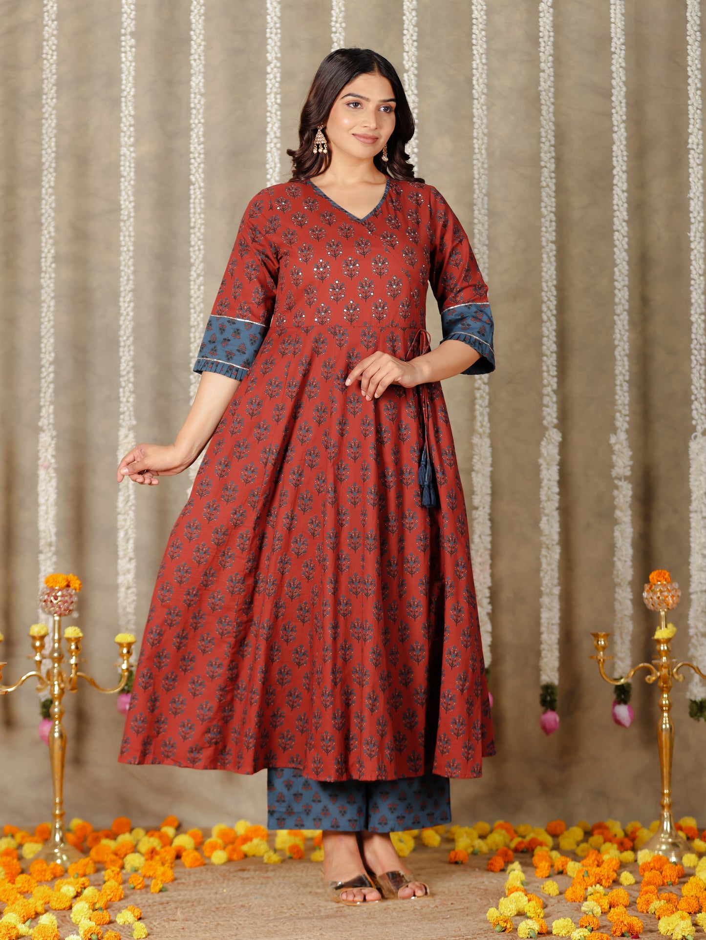 Embroidered Soft Cotton Block Red Kurta