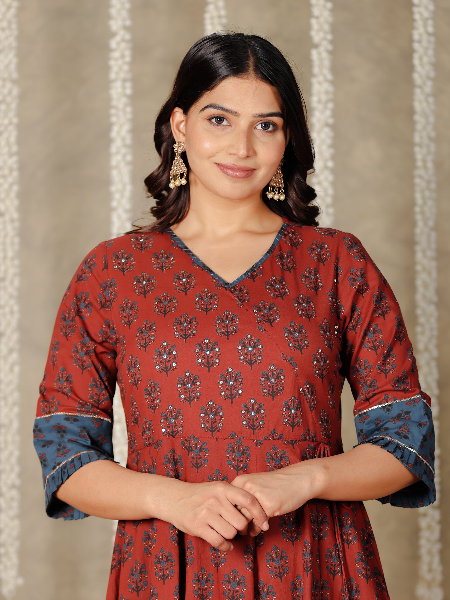 Embroidered Soft Cotton Block Red Kurta