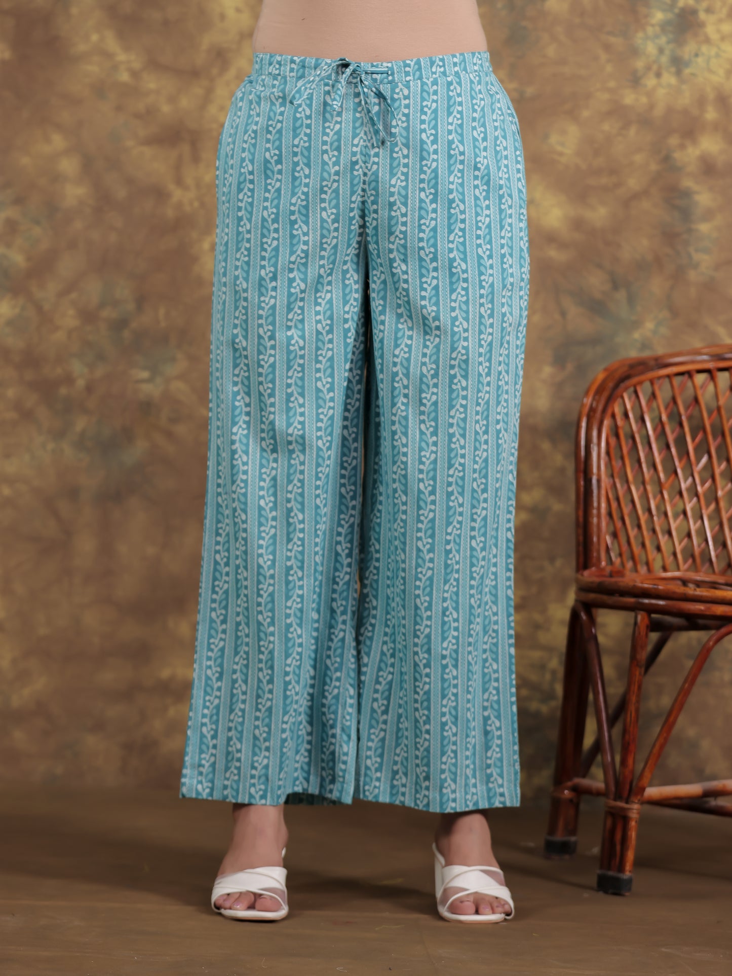 Soft Cotton Striped Turquoise Blue Palazzo