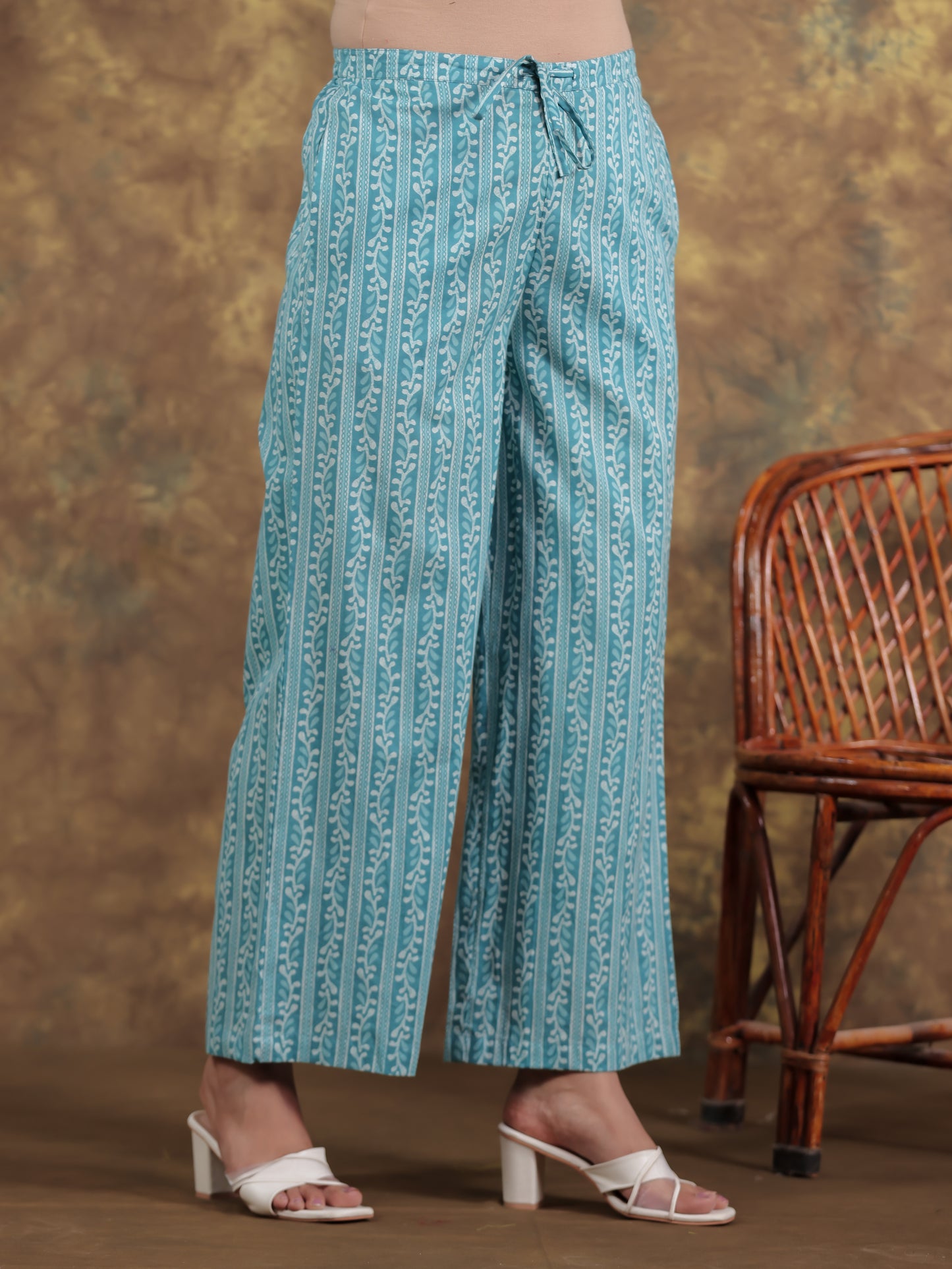 Soft Cotton Striped Turquoise Blue Palazzo