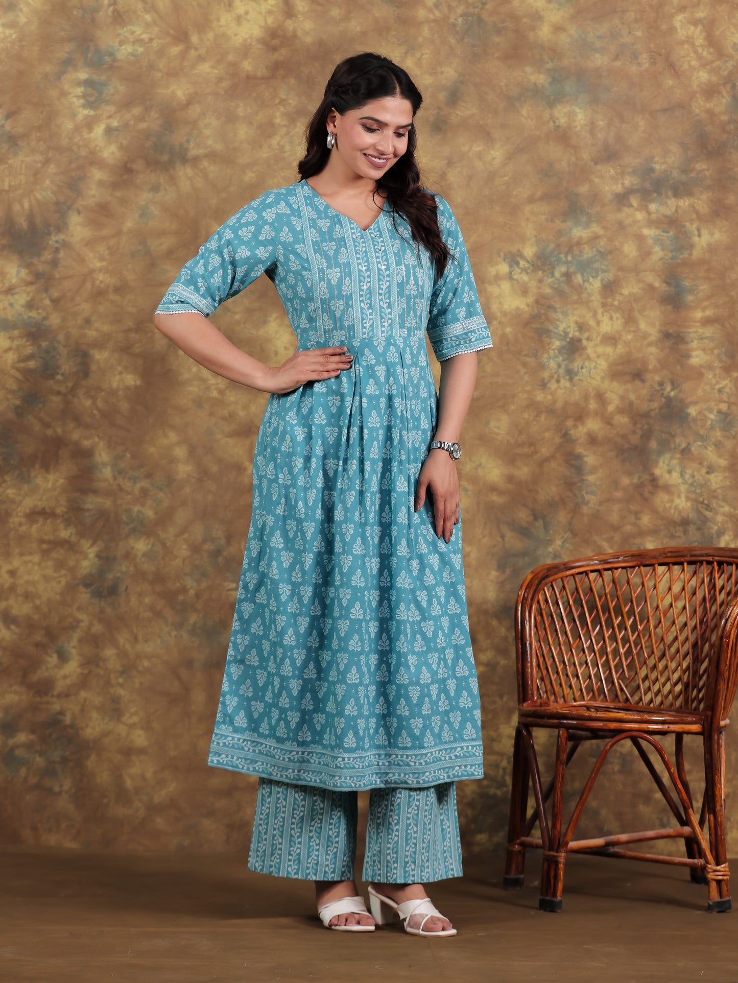 Embroidered Soft Cotton Block A-line Blue Kurta