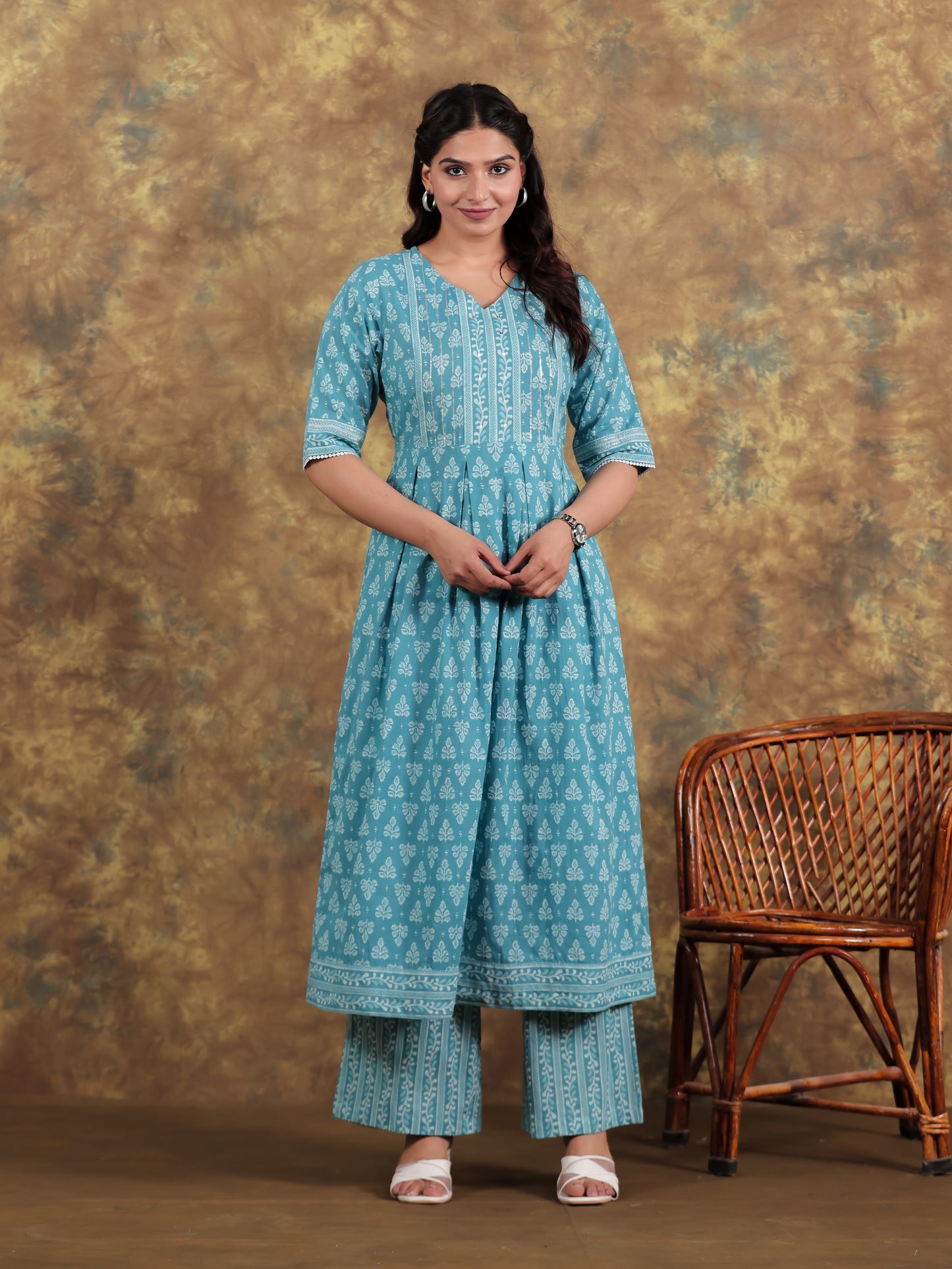 Embroidered Soft Cotton Block A-line Blue Kurta