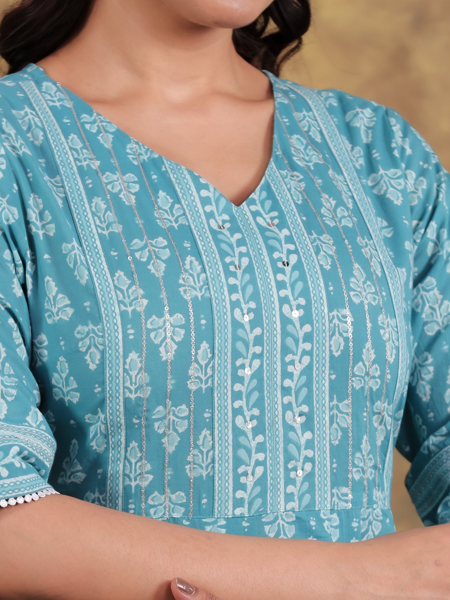 Embroidered Soft Cotton Block A-line Blue Kurta