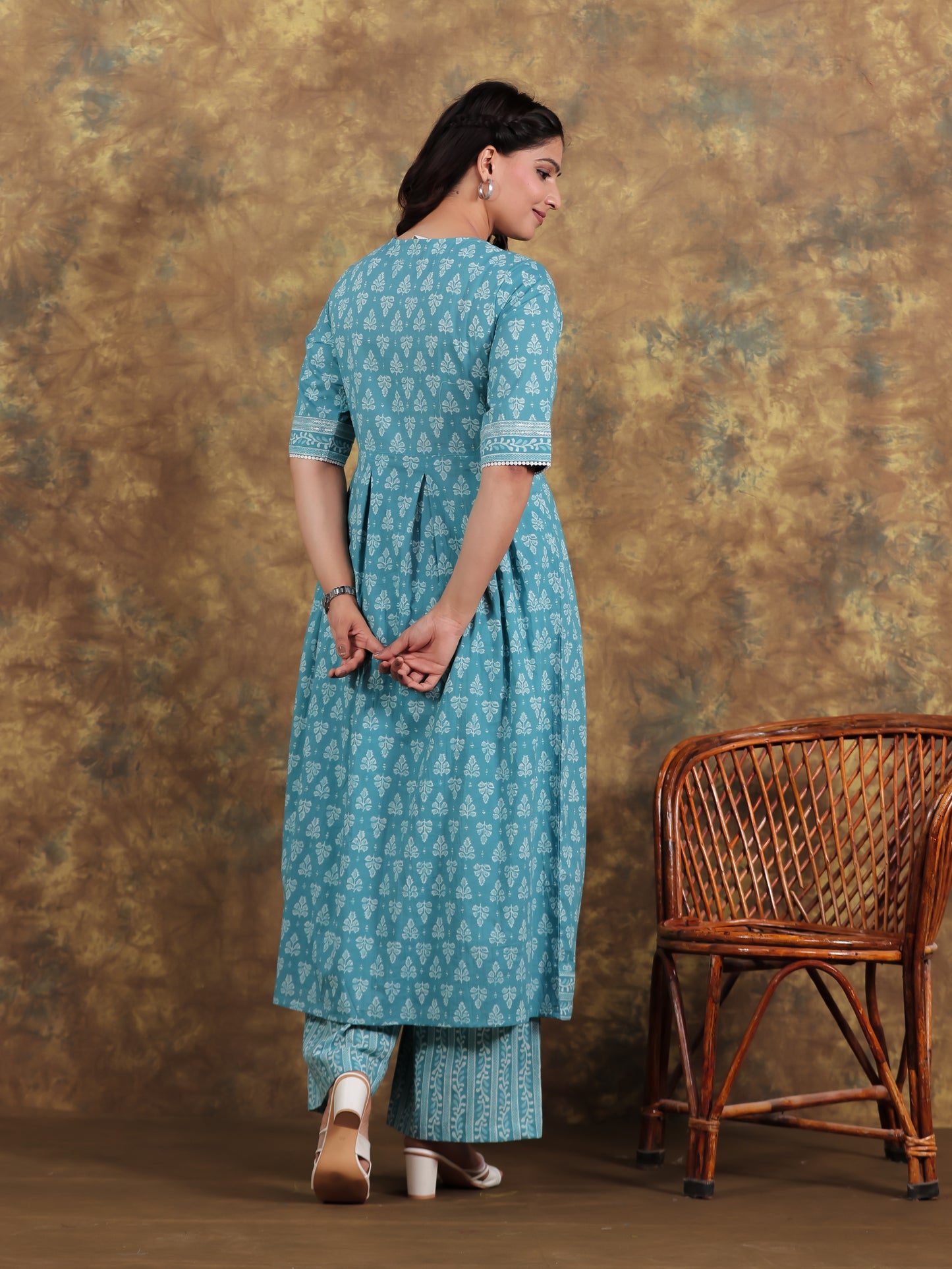 Embroidered Soft Cotton Block A-line Blue Kurta