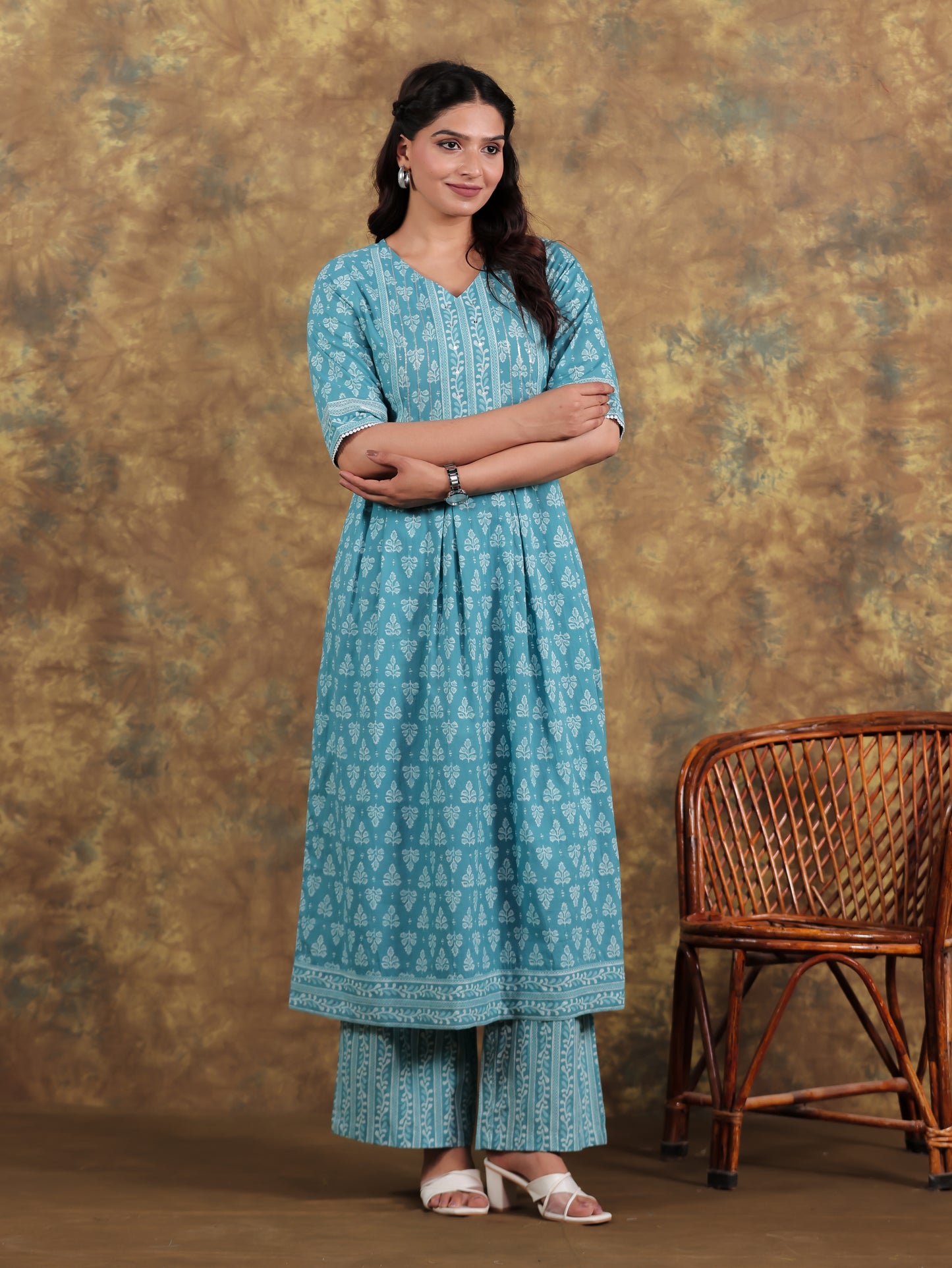 Embroidered Soft Cotton Block A-line Blue Kurta