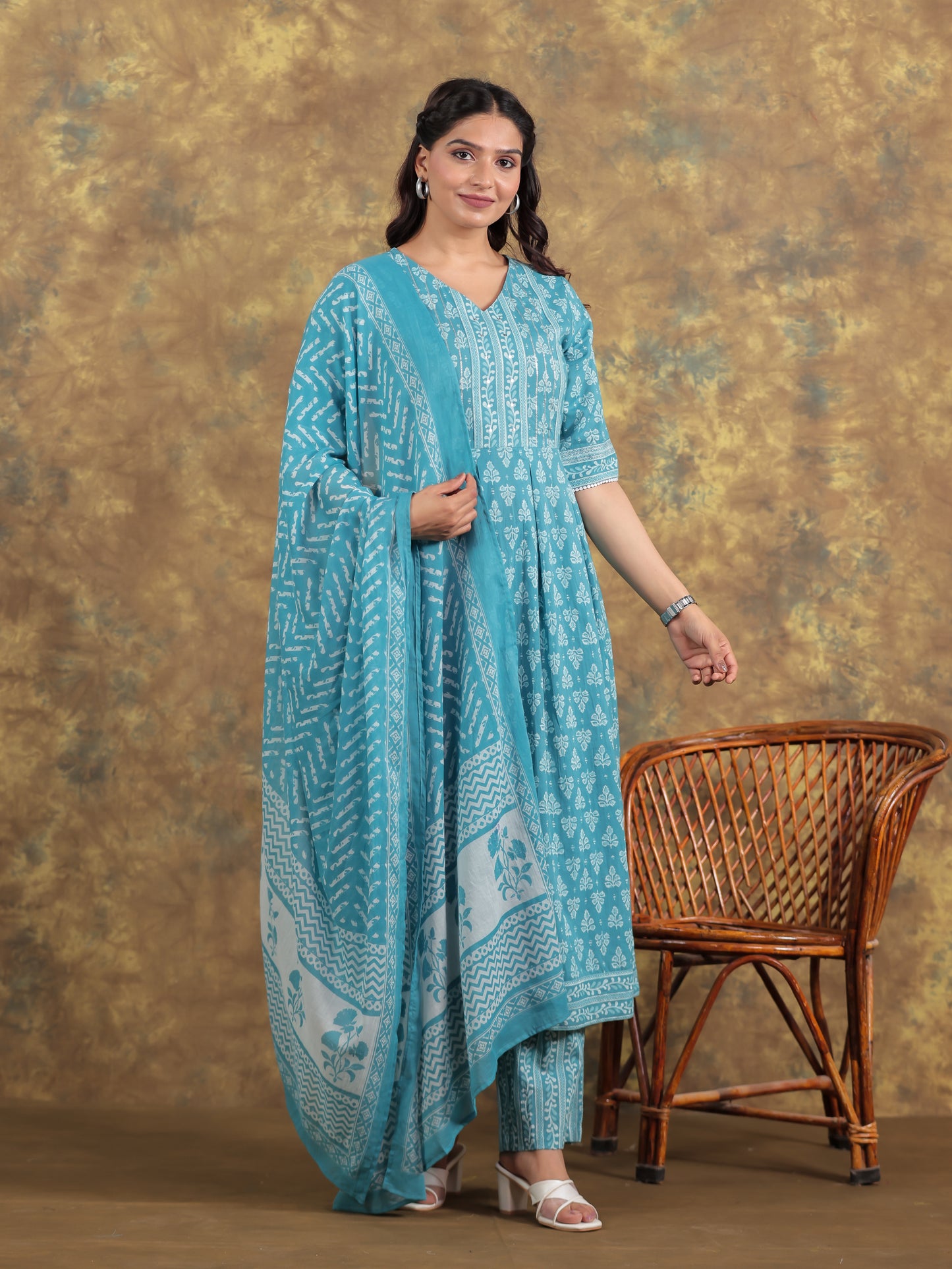 Embroidered Soft Cotton Block A-line Blue Kurta