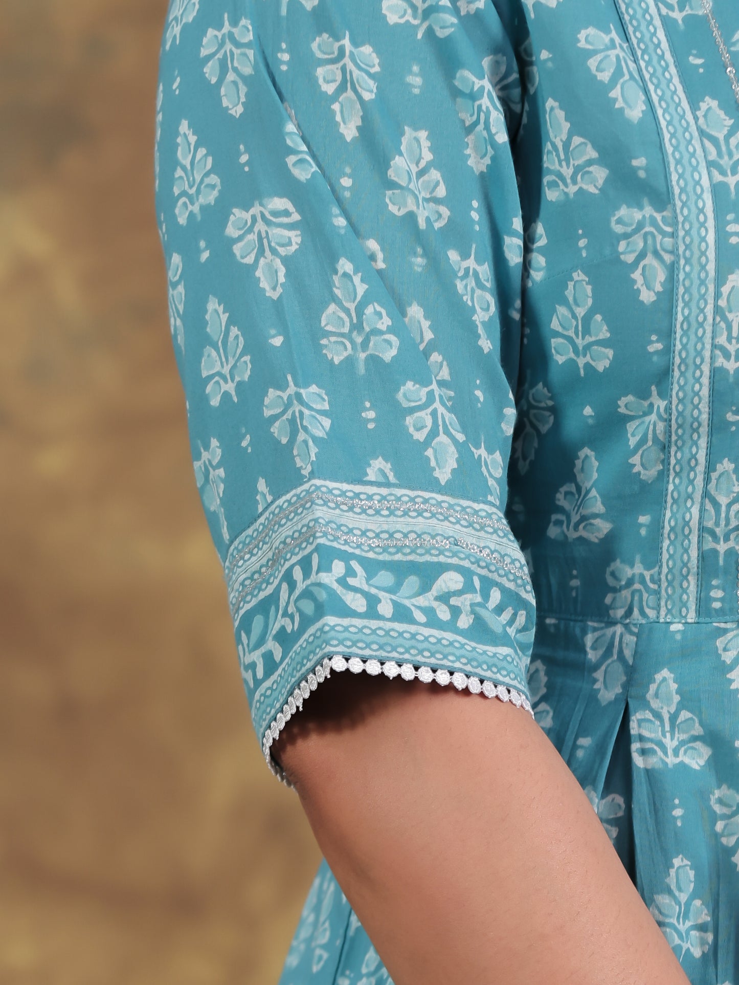 Embroidered Soft Cotton Block A-line Blue Kurta