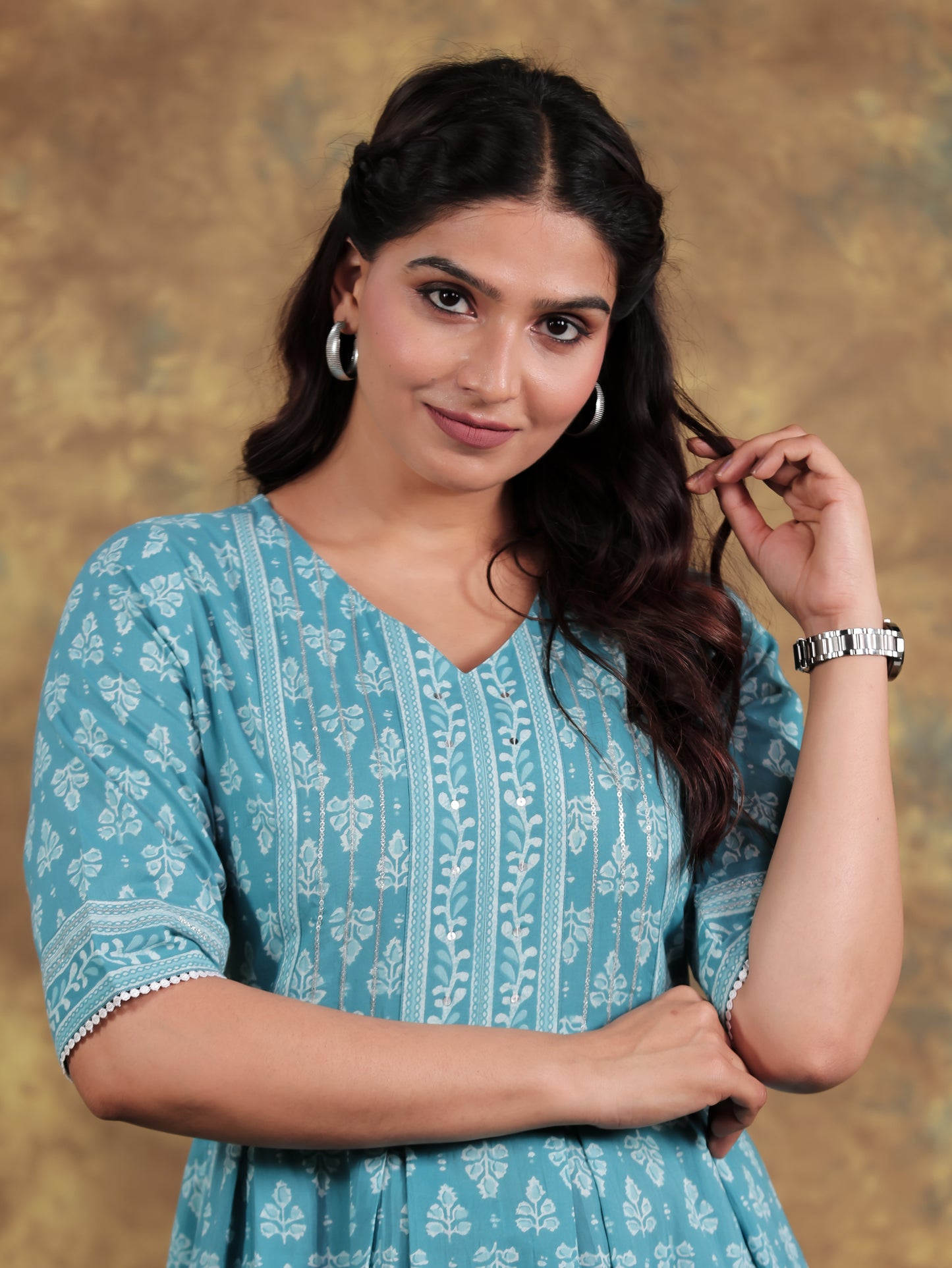 Embroidered Soft Cotton Block A-line Blue Kurta