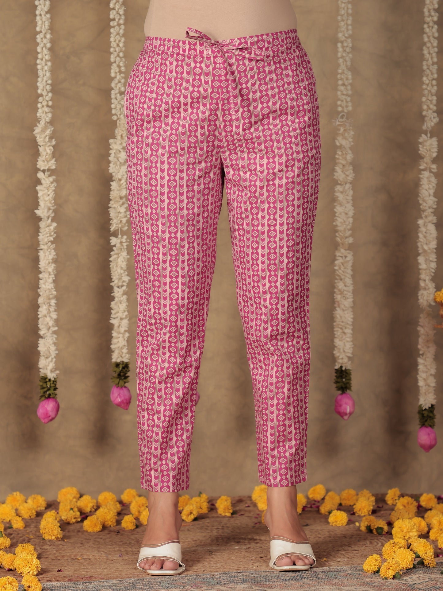 Soft Cotton Geometric Pink Tapered Trousers