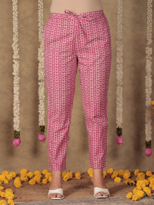 Soft Cotton Geometric Pink Tapered Trousers