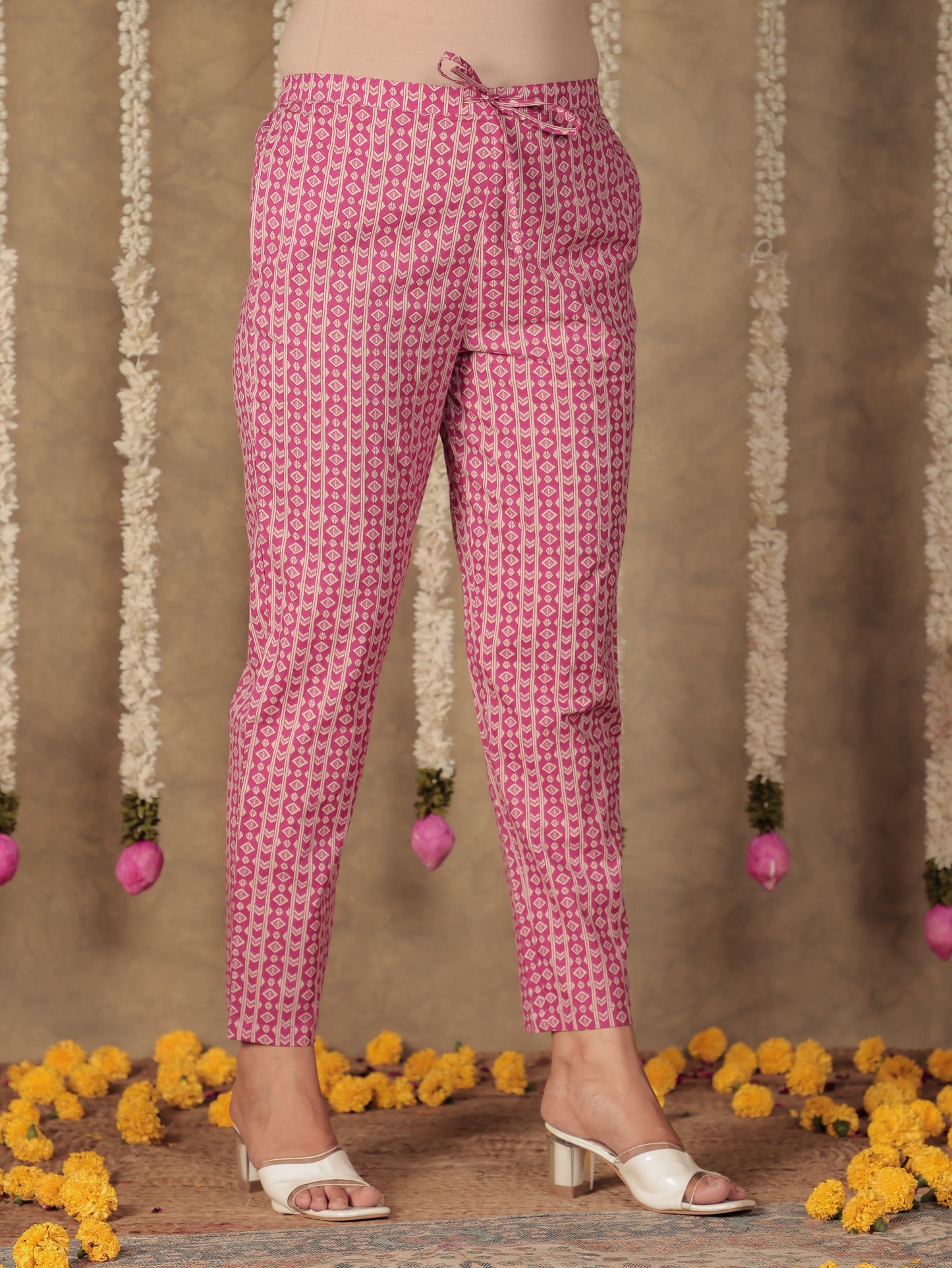 Soft Cotton Geometric Pink Tapered Trousers