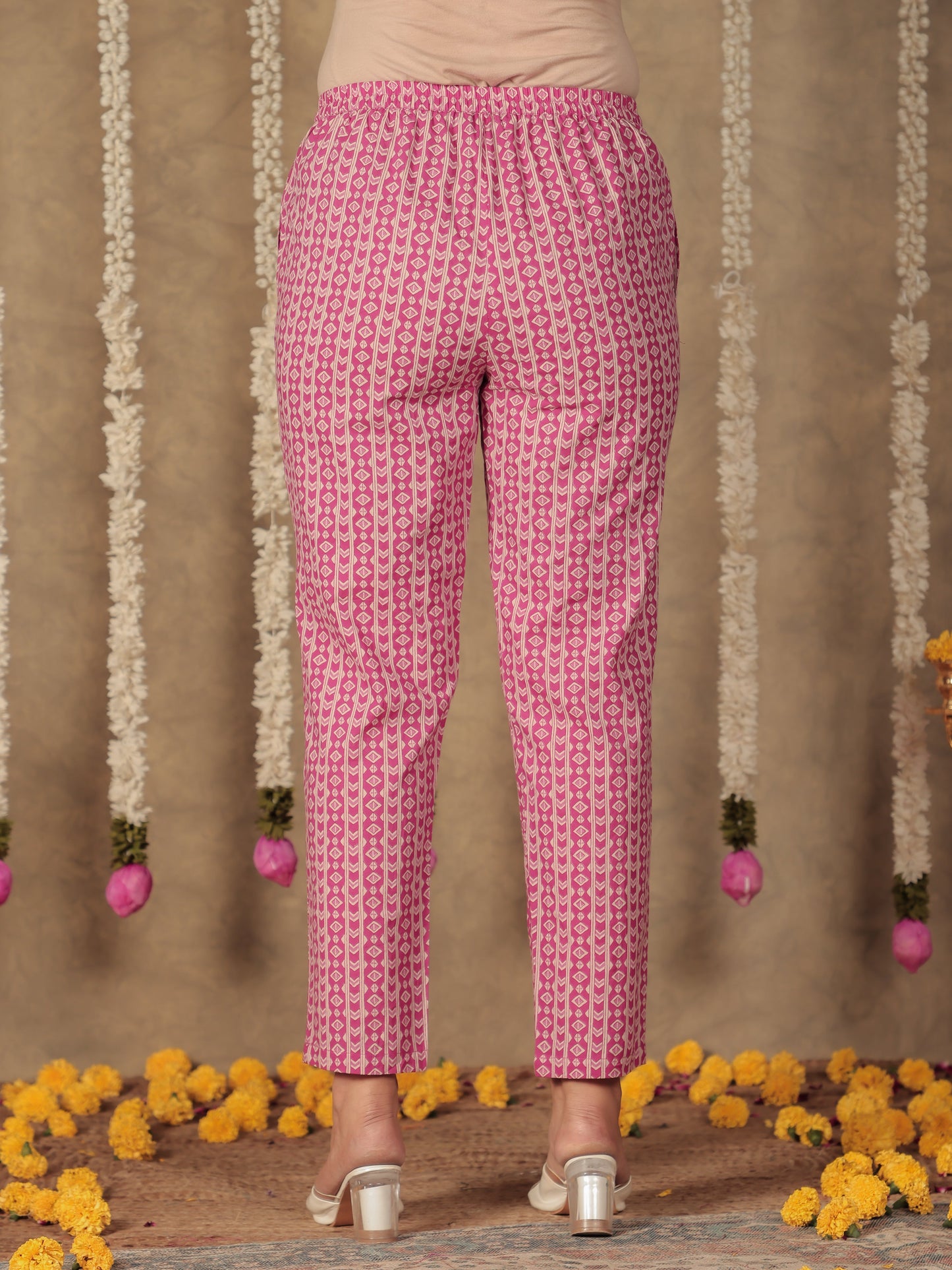 Soft Cotton Geometric Pink Tapered Trousers